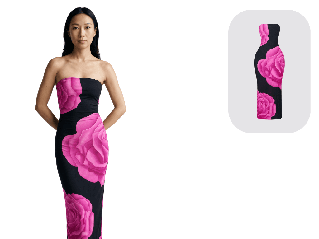 Transformation flat-lay vers rendu porté : robe noire à grandes roses roses