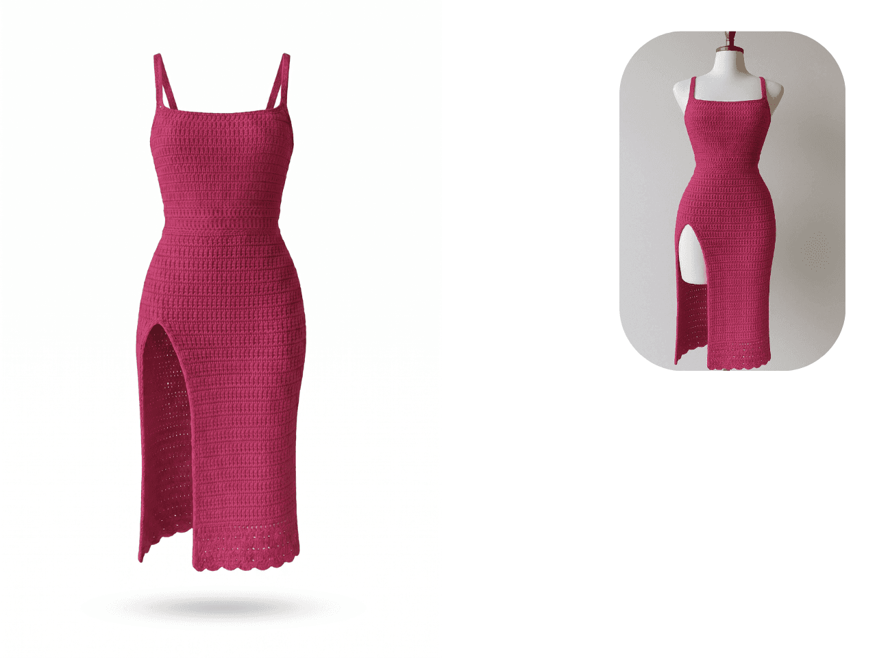 Transformation en packshot : robe en maille rose, rendu produit sur fond clair